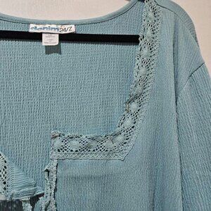 DEMIN24/7 PASTEL TEAL GREEN BOHO LACE LONG SLEEVE PEASANT TOP BLOUSE  6X